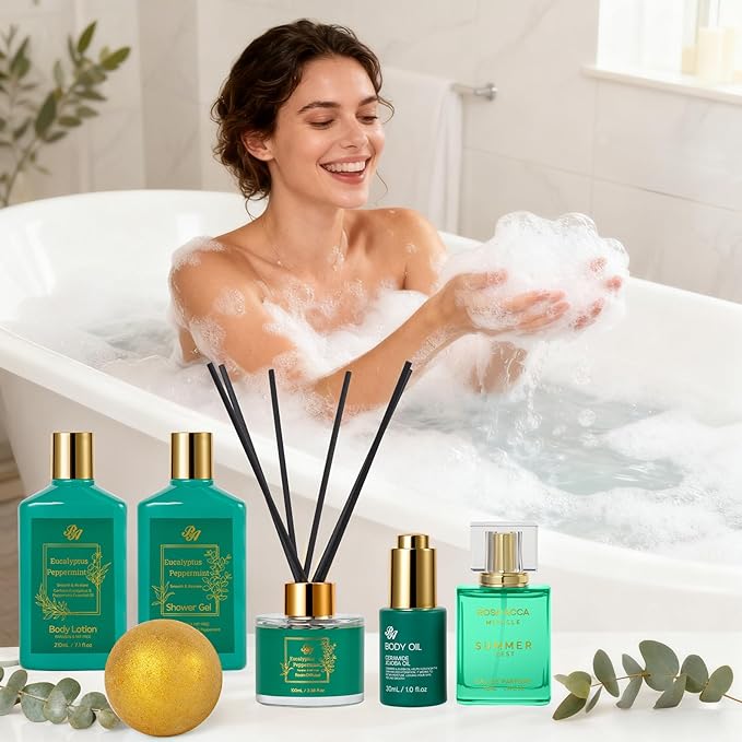 35 Pcs Valentines Day Gifts for Women, Eucalyptus Bath & Body Gift Basket, Self-Care Relaxation Set, Face Skin Care Kit, Home Spa Gift, Face Oil, Birthday, Christmas, Mother's Day, Anniversary