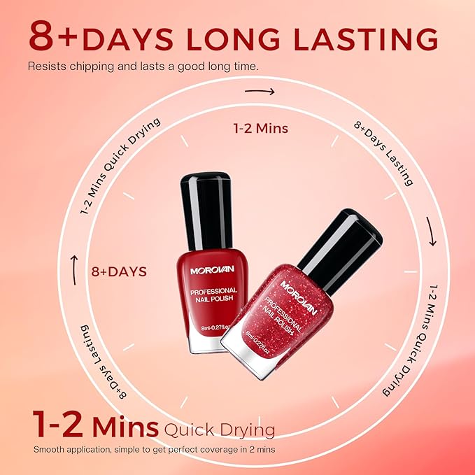 Morovan Red Nail Polish Set: Glitter Bright Burgundy Cherry Red Fingernail Polish Kit Shimmer Sparkle Air Quick Dry Nail Polish Pack for Manicure Holiday Party Valentine's Day Gift for Women Girls