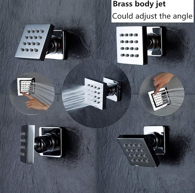 Cascada Luxury Bathroom Shower Set with Luxury 12" Water Power LED Shower Head (Wall Mount) Rainfall Thermostatic 6 Massage Jets Spray Body Shower Set, Chrome Finish