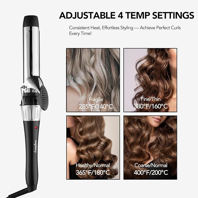 1.25 Inch Curling Iron for All Hair Types, Nickel Alloy Barrel Hair Curler with Adjustable Temperature up to 400℉, Dual Voltage Curling Wand for Travel, Long-Lasting Curls, Black