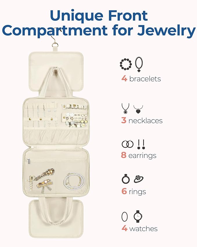 BAGSMART Travel Toiletry Bag with Jewelry Organizer, Hanging Travel Bag for Toiletries, Puffy Makeup Cosmetic Bag Organizer, Carry-on Travel Accessories Essentials, Camel-L