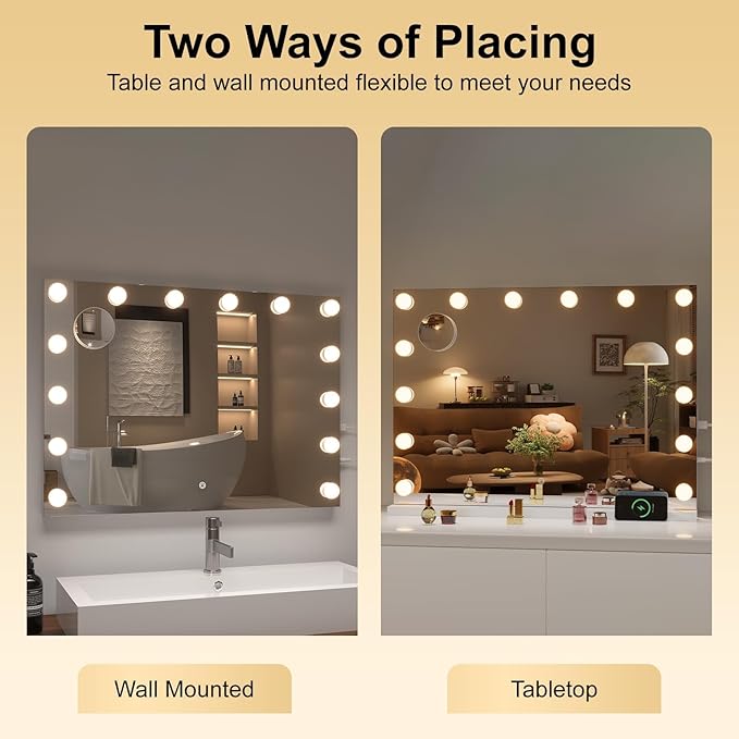 Hasipu Hollywood Vanity Mirror with Lights, 47" x 35" Makeup Mirror with 24 Dimmable LED Bulbs 3 Color Modes & Detachable, 5X Magnifying Glass, Touch Control, USB and Type-C, Tempered Glass