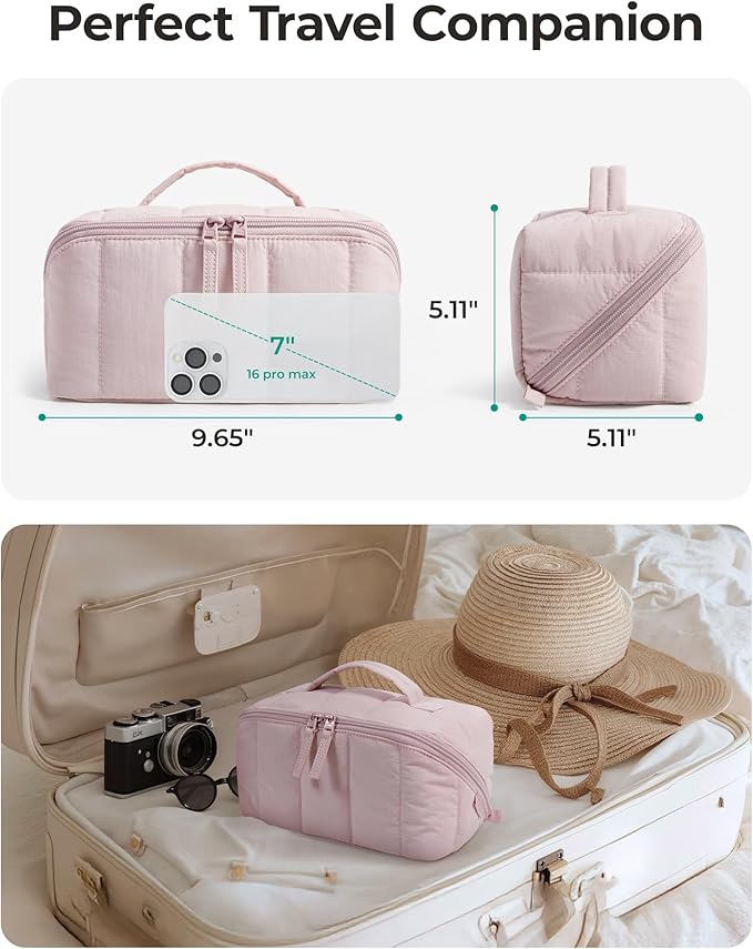 BAGSMART Travel Makeup Bag for Women, Portable Water-resistant Cosmetic Case, Puffy Padded Make Up Organizer Pouch, Open Flat Toiletry Bag for Toiletries, Brushes, Pink