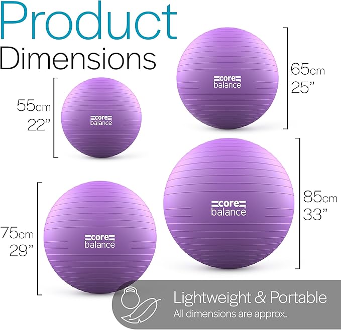 Core Balance Exercise Ball, Stability Ball for Yoga, Pilates and Fitness, Gym Ball for Home Gym and Office Chair, Training, Physical Therapy, Anti Burst, Pump Included, 55cm 65cm 75cm 85cm