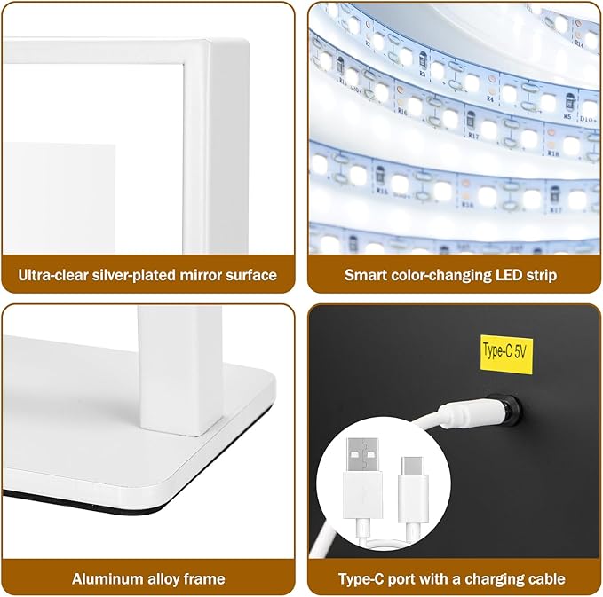Vanity Mirror with Lights 16.7"x14", LED Makeup Mirror, 3 Color Lighting Modes, 10X Magnification, Smart Touch Control, Dimmable, Aluminum Metal Frame, Lighted Up for Vanity Desk (White)