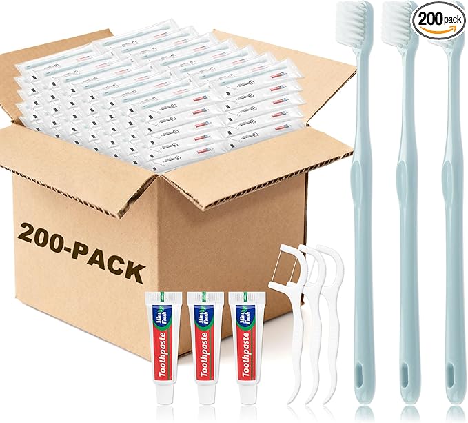 Disposable Toothbrushes with Toothpaste, Travel Toothbrush Kit, Individually Packaged, Light Grey, with Floss Picks, Suitable for Hotel, Home, Camping, Travel (200-PACK)