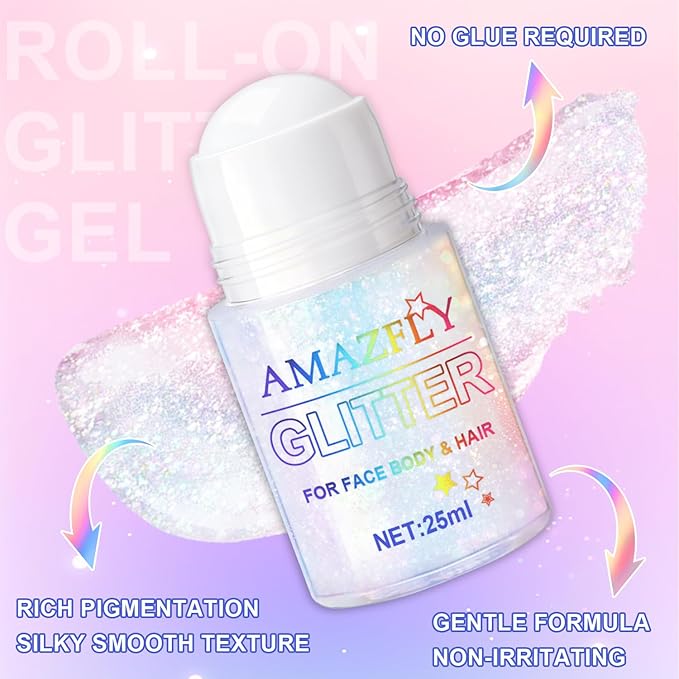 Roll-on Holographic Glitter Gel for Face & Hair, Sparkling Pink Shimmer Makeup, Color Changing Body Glitter for Festivals, Parties, Chunky Mermaid Sequins Body Shimmer for Women(Iridescent Dream)