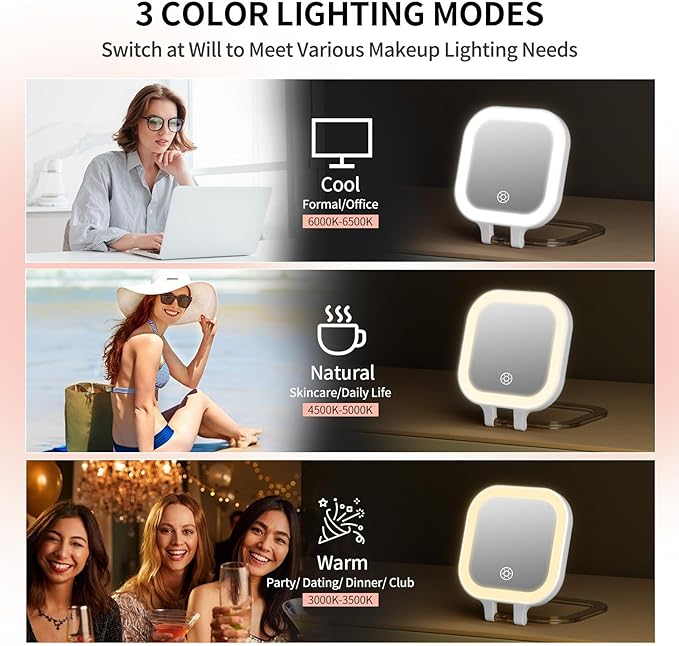 FUNTOUCH 4inch 1x 30x Magnifying Travel Makeup Mirror with Lights, Rechargeable Lighted Compact Mirror with Light, 3 Color Lighting, Double Sided Portable Handheld Hanging, Gifts for Women,White