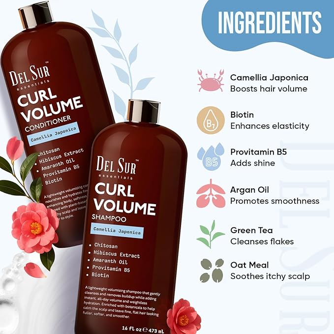 DEL SUR Curly Hair Shampoo and Conditioner Set | 16 fl oz Each | with Camellia Japonica, Hibiscus & Amaranth Oil | Curl Defining, Volume & Hydration for Curly & Wavy Hair