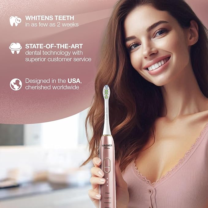Wagner Stern IntelliBrush Series Whitening Electric Toothbrush with Pressure Sensor. Offers 4 Brushing Modes, 3 intensities, 8 Soft Brush Heads, and a Luxury Travel case.