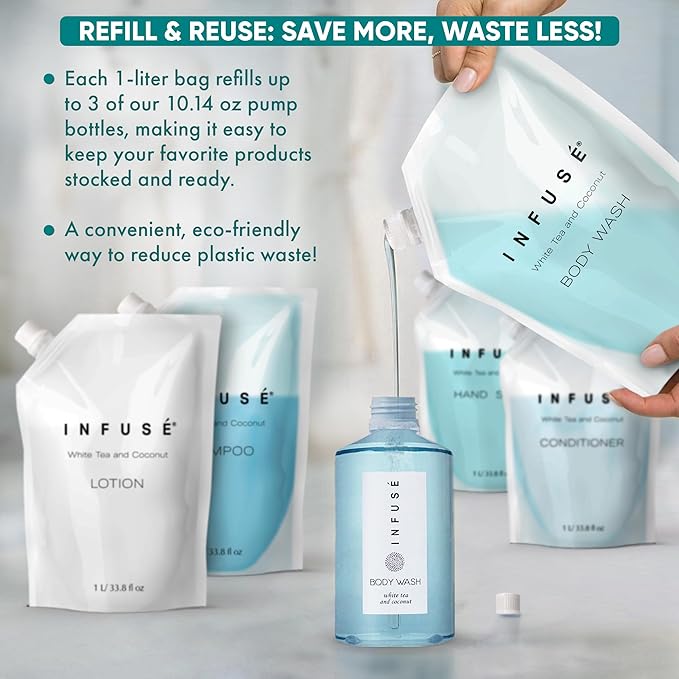 INFUSÉ 1 Liter Body Wash Refill Bag For Soap Dispensers | Bulk Toiletries for Vacation Rentals, and Home Bathroom Showers | White Tea and Coconut | Single