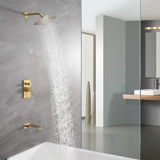 sumerain Wall Mount Tub and Shower Faucet Set Brushed Gold with 8 Inch Shower Head, Waterfall Tub Spout and Anti-scalding Pressure Balance Valve