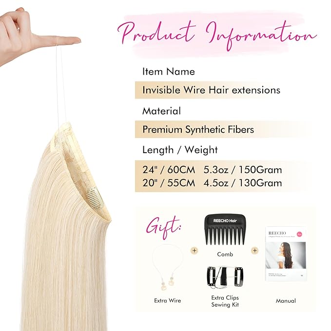 REECHO Invisible Wire Hair Extensions with Transparent Headband Adjustable Size Removable Secure Clips in Straight Secret Hairpiece for Women (20 Inch (Pack of 1), Light Blonde)