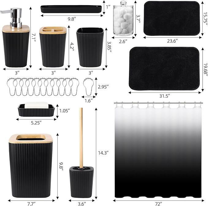 XLHOMO Bathroom Sets with Shower Curtain and Rugs,Black Bathroom Set with Bathroom Trash Can,Soap Dispenser,Toilet Brush,Toothbrush Set,Qtip Holders for Housewarming