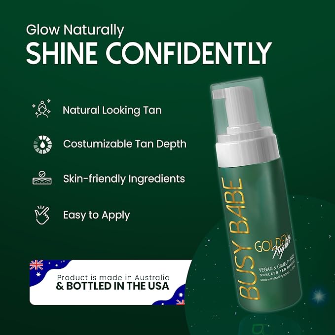 Busy Babe Self Tanner - Golden Nights Express Rapid Dark Tanning Mousse - Deeper Sun-Kissed Glow with Mitt - Vegan, Cruelty-Free, Instant Tan, Self Tanning Mousse Pump - 7.2 oz, No Orange Hues