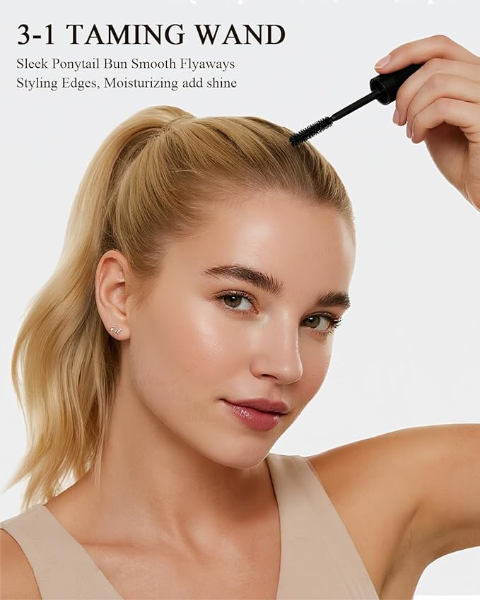 5Pcs Hair Wax Stick & Slick Back Hair Brush, Hair Finishing Stick - Smooths Flyaways, Tames Frizz, Creates Sleek Ponytails & Buns, Defining Edges - Styling Accessories for Women & Kids - All-in-1 Kit