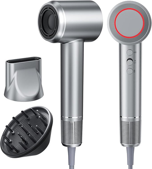 2026 Hair Dryer, Blow Dryer with Diffuser - 200,000 RPM High-Speed Ionic Technology for Women and Man, 1200M Negative Ions & Brushless Motor, Low Noise Design with Magnetic Nozzle Attachments (Silver)