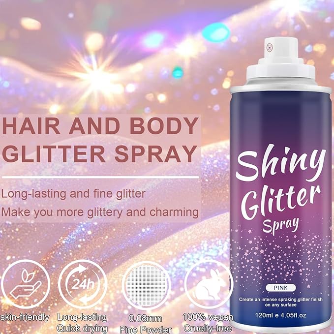 Body Glitter Spray - Pink Sparkling Shimmer for Hair,Clothing & Face Long-Lasting,Quick-Drying Loose Shimmer Hairspray Temporary Shiny Mist for St. Patrick's Day, Festival, Rave, Party, Prom Supplies