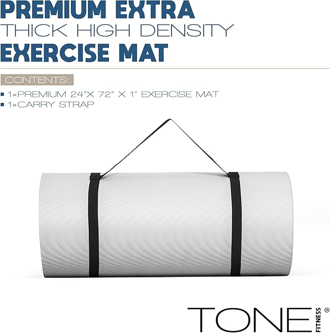 Tone Fitness 1-Inch Thick Yoga Mat | High-Density, Non-slip Exercise Mat with Carrying Strap for Yoga, Pilates, & Home Gym Workouts | Multiple Options