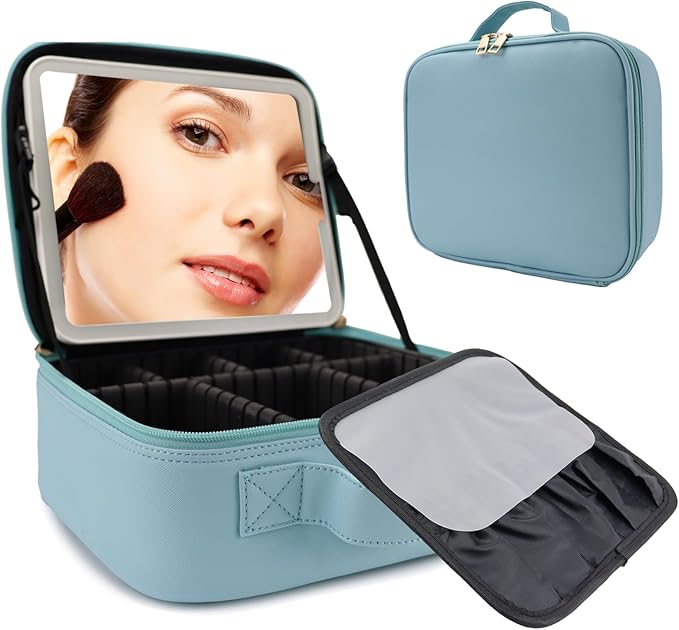 SLUMAZI Travel Makeup Bag with LED Mirror Travel Makeup Organizer with 3 Lighted Settings, Adjustable Dividers and Makeup Brush Storage Bag Light Blue
