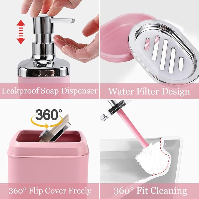 XLHOMO Pink Bathroom Accessories Set, 9PCS Pink Bathroom Accessory Sets Complete with Trash Can, Tray,Soap Dispenser,Soap Dish,Toothbrush Holder,Cup,Toilet Brush and Qtip Holders for Housewarming