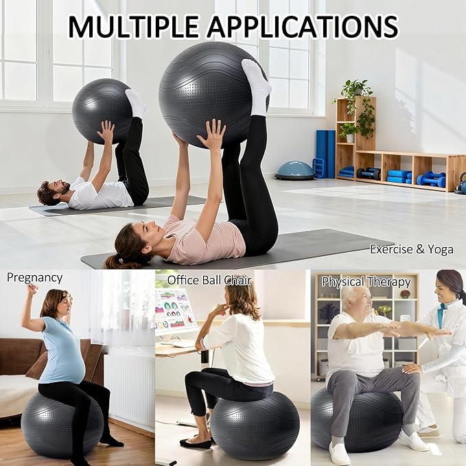 Gruper Yoga Ball, Multiple Sizes Non Slip Exercise Ball for Workout, Birthing, Balance, Stability, Pregnancy, 2200LB Capacity, Anti Burst Chair for Home and Office, Includes Quick Pump & Fitness Guide