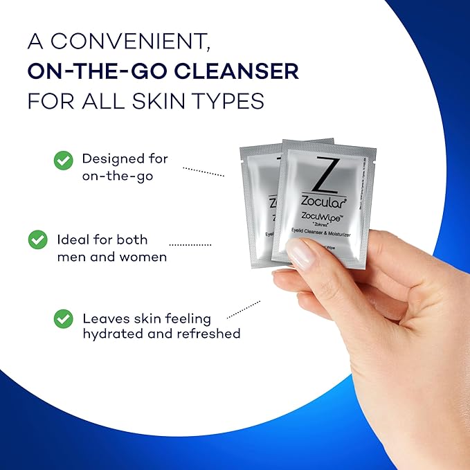 Zocular ZocuWipe Eyelid Cleansing Wipes with Natural Okra Complex – Gentle Daily Eyelid Cleanser & Moisturizing Pads – Makeup Remover & Eye Hygiene Wipes – 15 Count