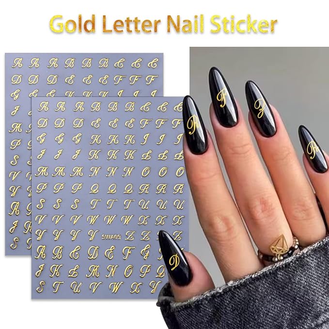 8 Sheets Retro English Nail Stickers Supply 3D Self Adhesive Letters Nail Decals Design White Black Gold Silver Personalized Alphabet Nail Art Stickers for Women DIY Nail Art Manicure Decoration