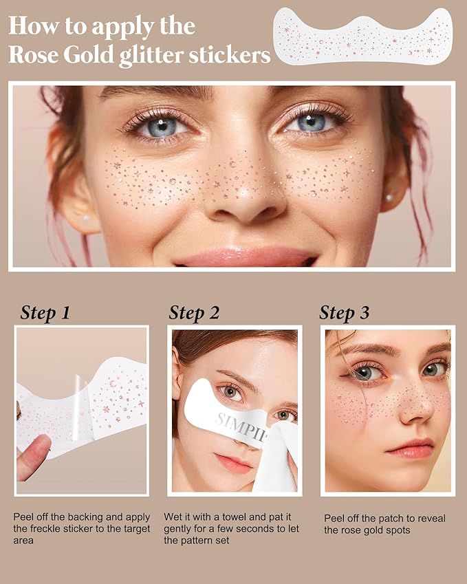 Body Face Glitter Rave Festival Pride Party Accessories - Rose Gold Waterproof Face Tattoos Makeup Patches for Women - 8 Counts