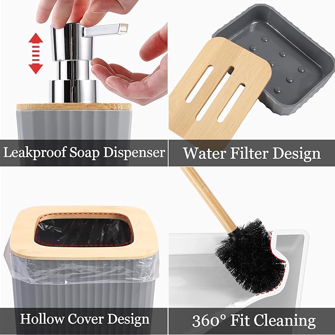 XLHOMO Bathroom Set - Grey Bathroom Accessories Set with Shower Curtain, Bath Towels, Soap Dispenser, Toilet Brush, Trash Can, Grey Bathroom Accessories Sets Complete for Housewarming