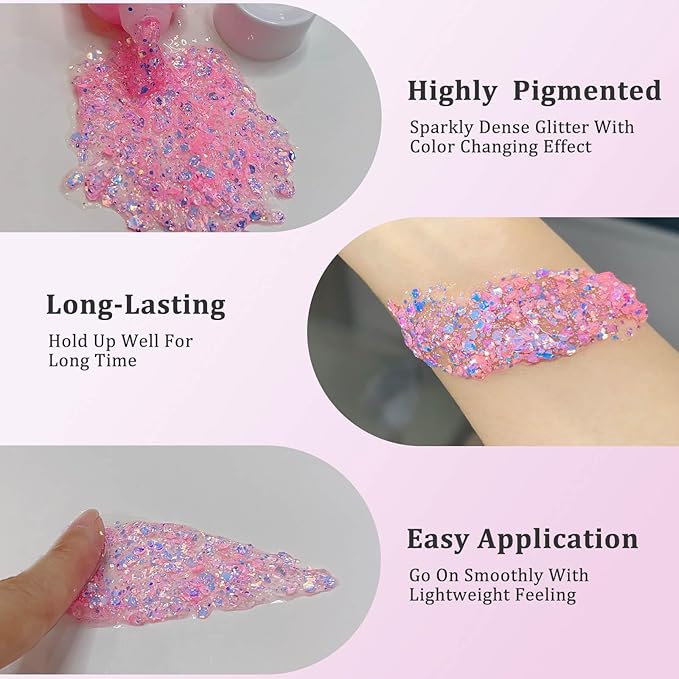 MEICOLY Chameleon Baby Pink Body Glitter,Pink Turn to Purple Face Glitter Paint,Holographic Color Changing Mermaid Face Glitter Gel for Hair,Self-Adhesive Chunky Glitter for Halloween Festival Party