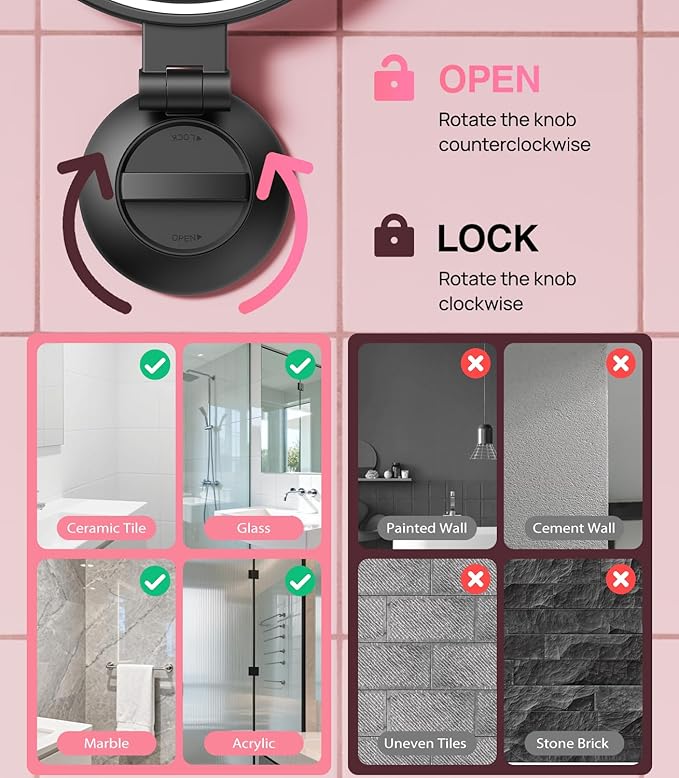 Benbilry Suction Cup Magnifying Mirror with Light 10X, Wall Mounted Makeup Mirror with Suction Cup for Bathroom, 3 Color Lights and Adjustable Brightness, 2 in 1 Tabletop for Desk - Black