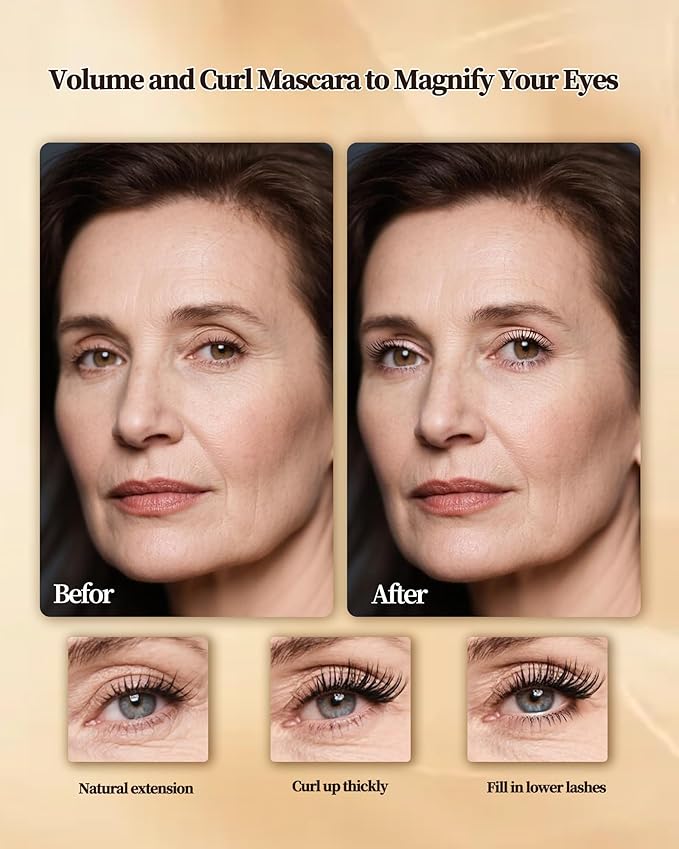 Brown Mascara for Mature Older Women 60 Plus Set, 2Pcs Slim Brush Volume and Length Waterproof Longlasting Eyelashes,Lengthening Tube Hypoallergenic Straight Thinning Mascara, for Sensitive Eye Makeup