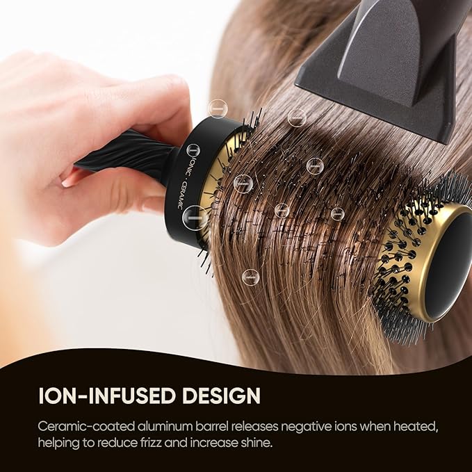 2 in 1 Ceramic Round Brush for Blow Drying,Ceramic Barrel for Hair Styling, Polished Bristles, Enhance Texture Volume, for Women & Men,with 4 Hair Clips (2.1 Inch&1.3 Inch)