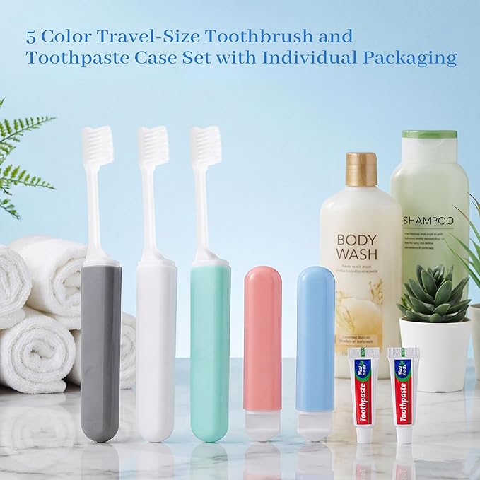 Travel Toothbrush and Toothpaste, Foldable Toothbrush and Toothpaste, Individually Packaged, Foldable for Storage, 5 Colors Available, Ideal for Travel, Business Trips, and Hotels (50-Pack)
