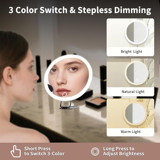 6" 20x Magnifying Mirror with Light Suction Cup,Led Close up Makeup Mirror for Tweezing with 360° Stand,3 Color Lighted Personal 20x Mirrors,20 Times Concave Zoom for Closer Partial Details