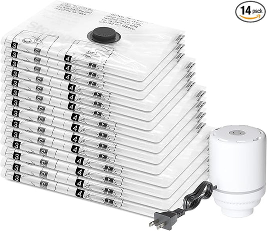 14 Pack Vacuum Storage Bags with Electric Pump, Compression Packing Seal Space Saver Cubes for Clothing Bedding Blankets Pillows