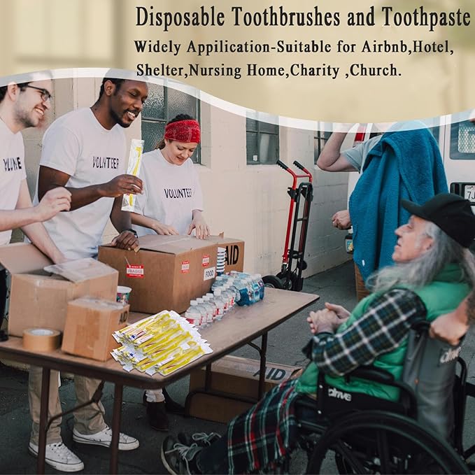 Disposable Toothbrushes with Toothpaste,300 Pack Yellow Hollow Individually Wrapped Disposable Travel Toothbrushes Kit in Bulk for Homeless,Nursing Home,Hotel,Charity