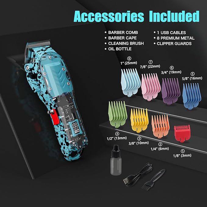Professional Hair Clippers for Men, Cordless Barber kit for Hair Cutting & Grooming, Hair Clippers Set for Barber Haircut with LED Display 8 Fade Taper Combs(Blue)