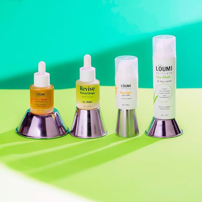 LOUMI Skincare The Glow Pack - Say Aloe! All Day Cream, You Up? Eye Cream, Rose Glow Illuminating Oil, & Revive Retinol Drops - Hydrating, Brightening, Moisturizing Daily Skincare Set for Radiant Skin