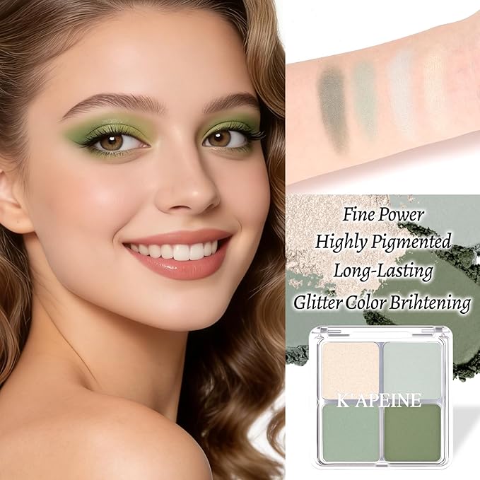 4 Colors Matcha Green Eye Shadow Powder Palette Makeup, Blendable Long-lasting Matte Shimmer Eyeshadow Palette Eye Makeup Kit for Women Girls, paleta de sombras de ojos #1