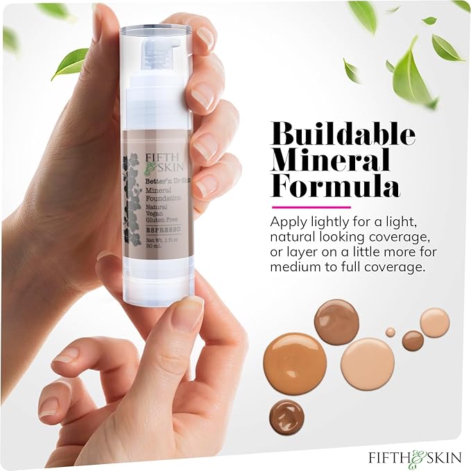 Fifth & Skin: Better’n Ur Skin Liquid Foundation (ESPRESSO - Natural, Organic, Vegan, Cruelty-Free - Gluten-Free Beauty with Buildable Coverage and Palm-Free Luxury - 1 oz