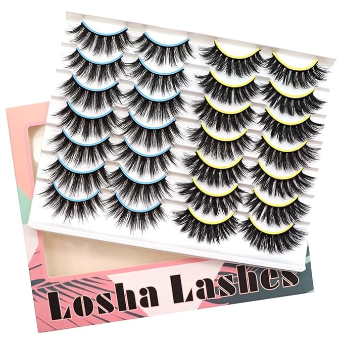 Losha 3D Faux Mink Lashes Dramatic Long False Eyelashes 14 Pairs Value Pack Handmade Reusable Thick Crossed Fake Eyelashes for Makeup Mix Styles (K38+K42)