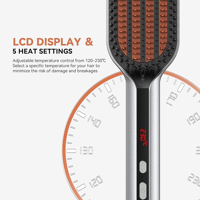 Upgraded Ionic Hair Straightener Brush for Women, Compact Wave-Design Bristles Hot Comb, Fast & Smooth Styling, Lightweight Double Voltage 120-240V Flat Iron Brush for Travel, Orange-Silver