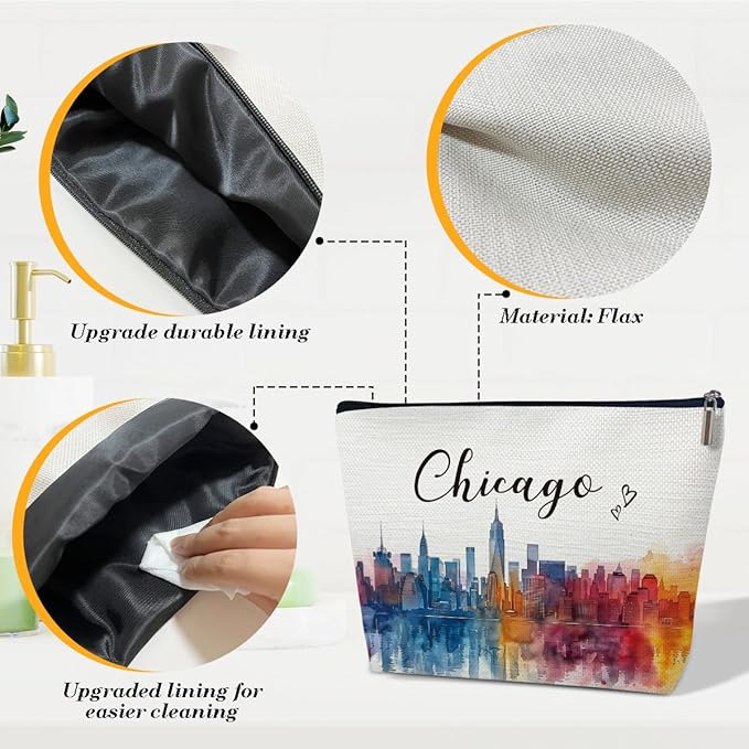Ythuil Chicago Travel Gift Makeup Bag, Chicago Souvenir, Watercolor Cosmetic Bag for Purse, Trip Gifts for Traveller, Travelling Lovers, City Themed Organizer