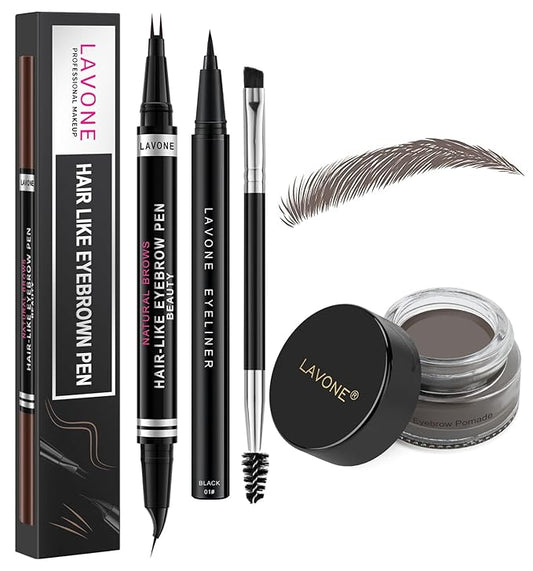 LAVONE Hair-Like Eyebrow Pen Makeup kit, Eyebrow Pencils for Women with Waterproof Microblading Eyebrow Pencil, Eyebrow Pomade, Eyeliner and Eyebrow Brush, Create Full, Natural Brows, Ebony