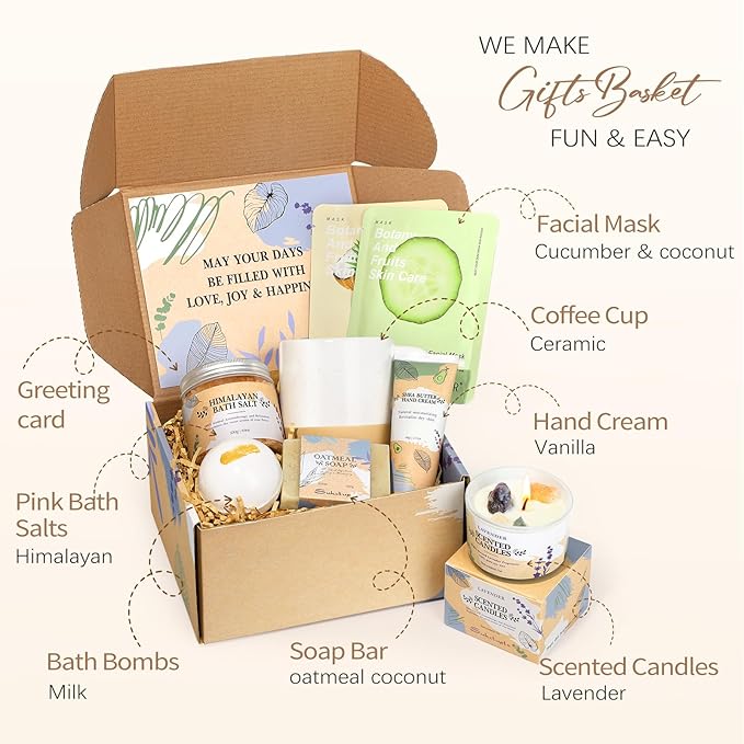 Gifts for Women, Birthday Gift for Women Spa Gifts Self Care Baskets Christmas Gift Relaxing Bath Set with Coffee Cups Latte Mug for Mom Sister Wife Friendship