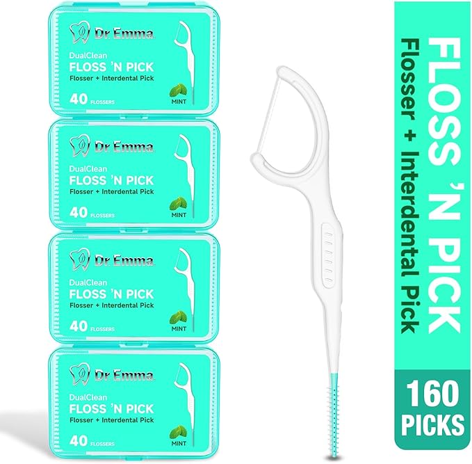 Dr. Emma Dental Floss Picks Tooth Flosser for Adults Teeth Cleaning Interdental Picks Mint Flavor Toothpick Stick Soft On Gum & Teeth, 160 Count