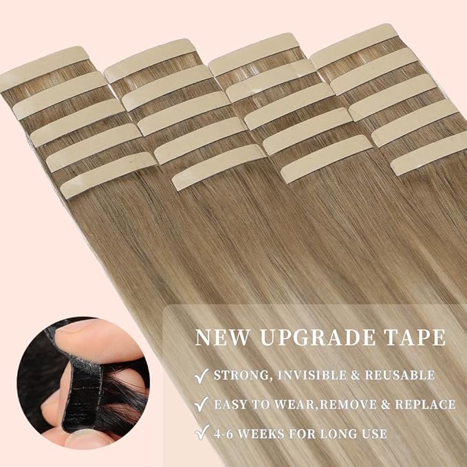 Tape in Hair Extensions Human Hair 20pcs Remy Hair Extensions 18 Inch Balayage Medium Brown Mixed Dark Blonde Invisible Human Hair Tape in Extensions Skin Weft Tape Extensions (10/10/22#,18 Inch)