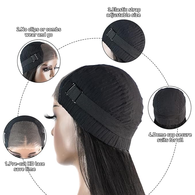 Real Wear and Go Glueless Wig Human Hair Straight, 6x4 Pre-Cut Lace Ready to Go Glueless Wigs Pre-Plucked, HD Transparent No Glue Lace Front Closure Wigs for Women 200% Density 34 Inches